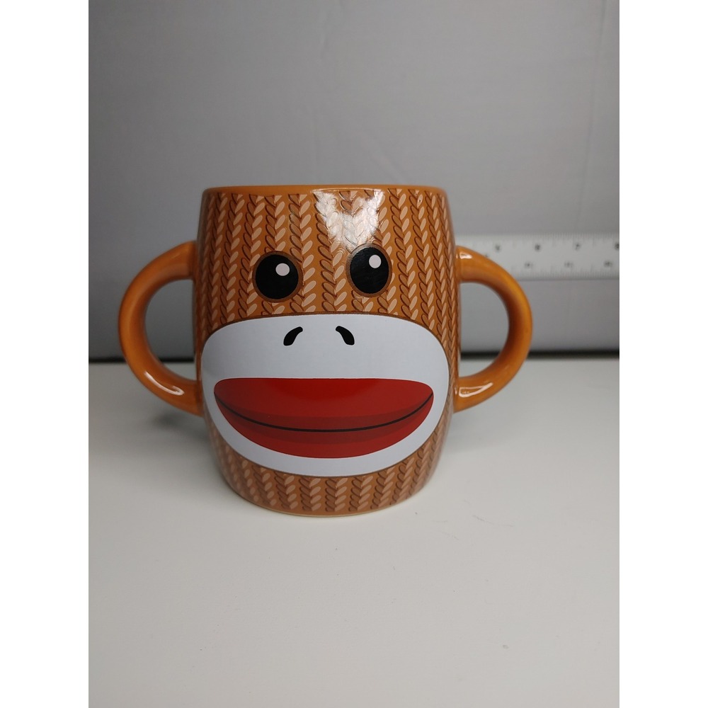 Galerie Sock Monkey Double 2 Handle Coffee Tea Cup Mug Brown 16 oz gift birthday